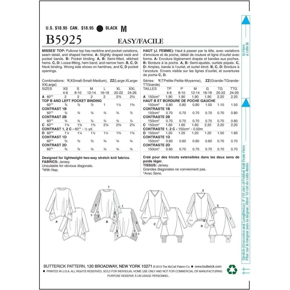 Butterick Sewing Pattern 5925 Top Tunic Shirt Misses Size XS-MED UNCUT